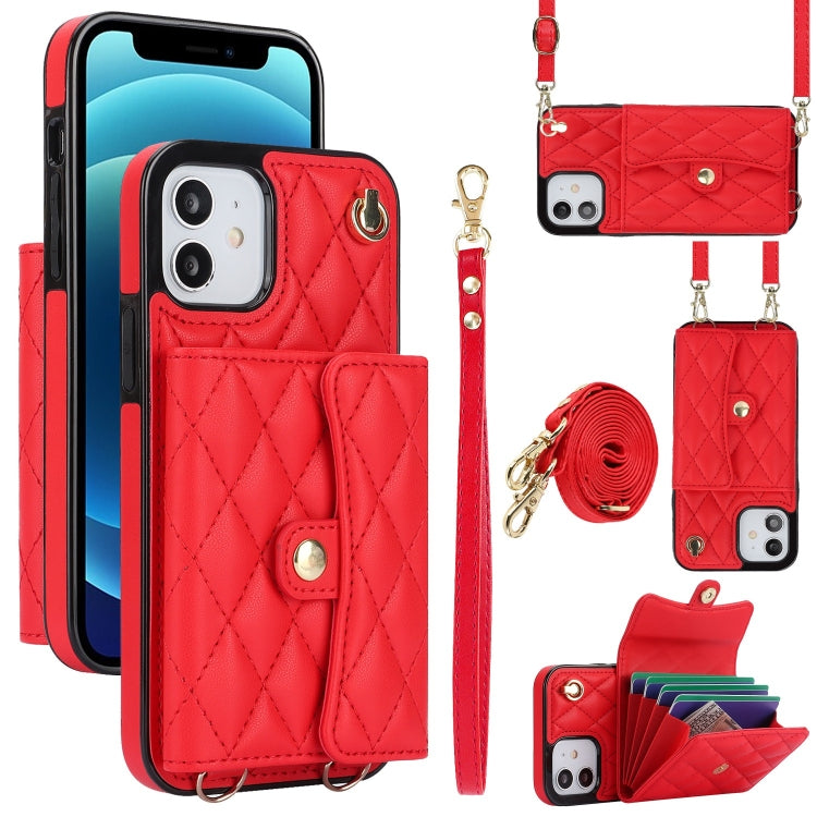 For iPhone 12 mini Crossbody Rhombic Horizontal Wallet Leather Phone Case(Red) - iPhone 12 mini Cases by buy2fix | Online Shopping UK | buy2fix
