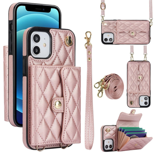 For iPhone 12 mini Crossbody Rhombic Horizontal Wallet Leather Phone Case(Rose Gold) - iPhone 12 mini Cases by buy2fix | Online Shopping UK | buy2fix