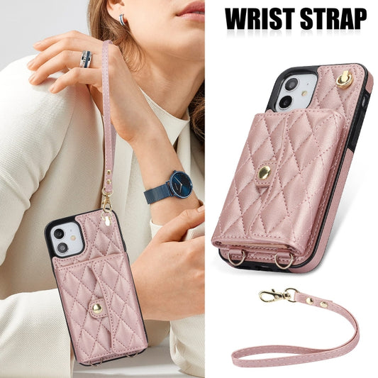 For iPhone 12 mini Crossbody Rhombic Horizontal Wallet Leather Phone Case(Rose Gold) - iPhone 12 mini Cases by buy2fix | Online Shopping UK | buy2fix
