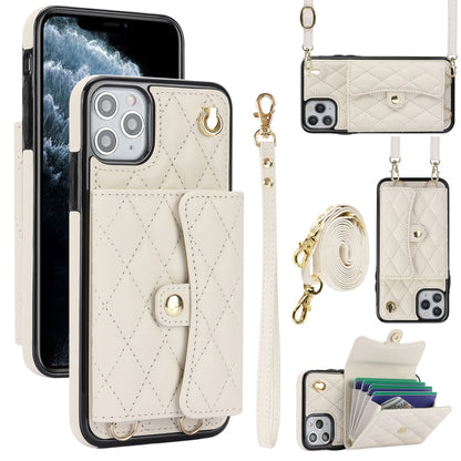 For iPhone 12 Pro Max Crossbody Rhombic Horizontal Wallet Leather Phone Case(White) - iPhone 12 Pro Max Cases by buy2fix | Online Shopping UK | buy2fix