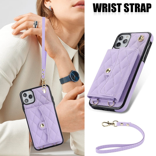 For iPhone 12 Pro Max Crossbody Rhombic Horizontal Wallet Leather Phone Case(Purple) - iPhone 12 Pro Max Cases by buy2fix | Online Shopping UK | buy2fix