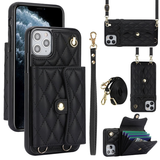 For iPhone 12 / 12 Pro Crossbody Rhombic Horizontal Wallet Leather Phone Case(Black) - iPhone 12 / 12 Pro Cases by buy2fix | Online Shopping UK | buy2fix
