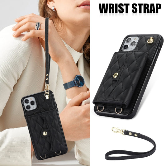 For iPhone 12 / 12 Pro Crossbody Rhombic Horizontal Wallet Leather Phone Case(Black) - iPhone 12 / 12 Pro Cases by buy2fix | Online Shopping UK | buy2fix