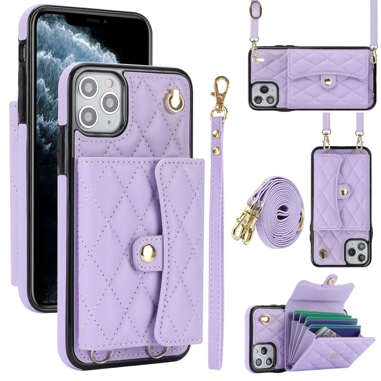 For iPhone 12 / 12 Pro Crossbody Rhombic Horizontal Wallet Leather Phone Case(Purple) - iPhone 12 / 12 Pro Cases by buy2fix | Online Shopping UK | buy2fix