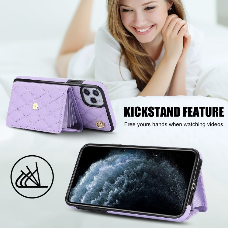 For iPhone 12 / 12 Pro Crossbody Rhombic Horizontal Wallet Leather Phone Case(Purple) - iPhone 12 / 12 Pro Cases by buy2fix | Online Shopping UK | buy2fix