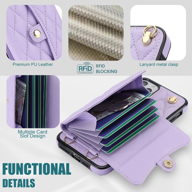 For iPhone 12 / 12 Pro Crossbody Rhombic Horizontal Wallet Leather Phone Case(Purple) - iPhone 12 / 12 Pro Cases by buy2fix | Online Shopping UK | buy2fix