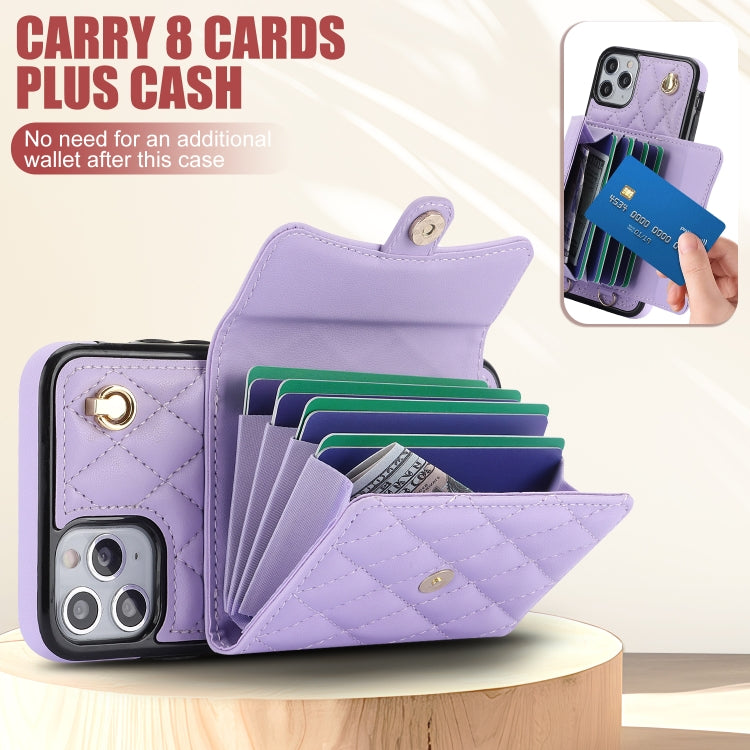 For iPhone 12 / 12 Pro Crossbody Rhombic Horizontal Wallet Leather Phone Case(Purple) - iPhone 12 / 12 Pro Cases by buy2fix | Online Shopping UK | buy2fix