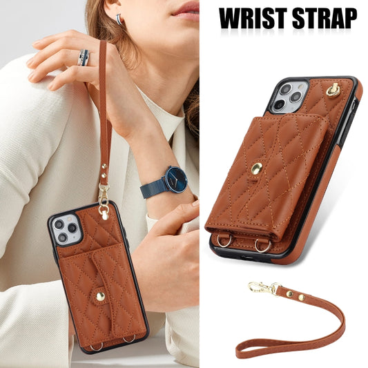 For iPhone 11 Pro Crossbody Rhombic Horizontal Wallet Leather Phone Case(Brown) - iPhone 11 Pro Cases by buy2fix | Online Shopping UK | buy2fix