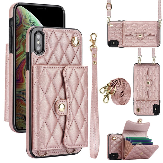 For iPhone XS / X Crossbody Rhombic Horizontal Wallet Leather Phone Case(Rose Gold) - More iPhone Cases by buy2fix | Online Shopping UK | buy2fix