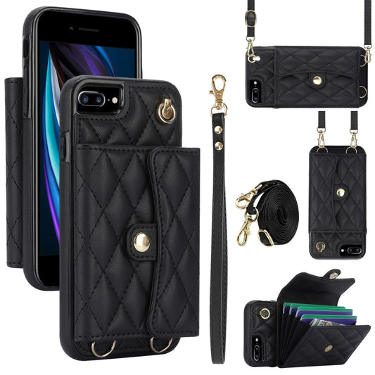For iPhone 8 Plus / 7 Plus Crossbody Rhombic Horizontal Wallet Leather Phone Case(Black) - More iPhone Cases by buy2fix | Online Shopping UK | buy2fix