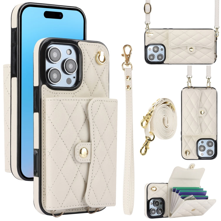 For iPhone 16 Pro Max Crossbody Rhombic Horizontal Wallet Leather Phone Case(White) by buy2fix