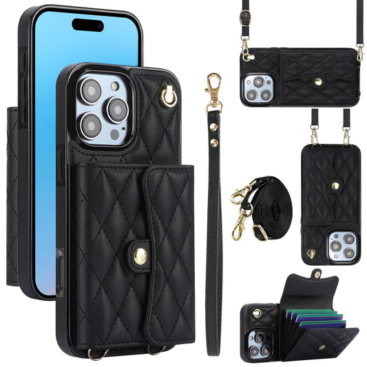 For iPhone 16 Pro Max Crossbody Rhombic Horizontal Wallet Leather Phone Case(Black) - iPhone 16 Pro Max Cases by buy2fix | Online Shopping UK | buy2fix