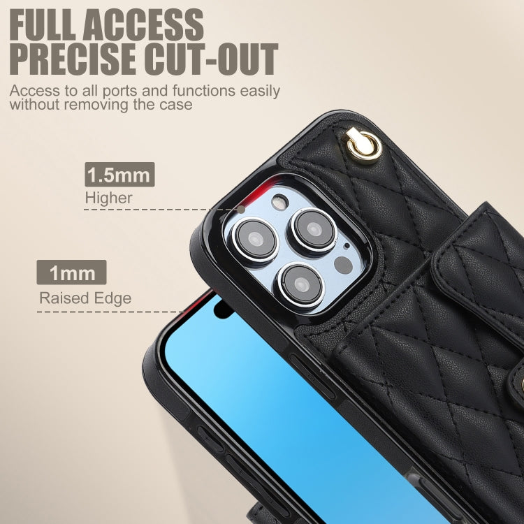 For iPhone 16 Pro Max Crossbody Rhombic Horizontal Wallet Leather Phone Case(Black) - iPhone 16 Pro Max Cases by buy2fix | Online Shopping UK | buy2fix