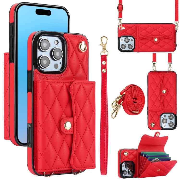 For iPhone 16 Pro Max Crossbody Rhombic Horizontal Wallet Leather Phone Case(Red) - iPhone 16 Pro Max Cases by buy2fix | Online Shopping UK | buy2fix