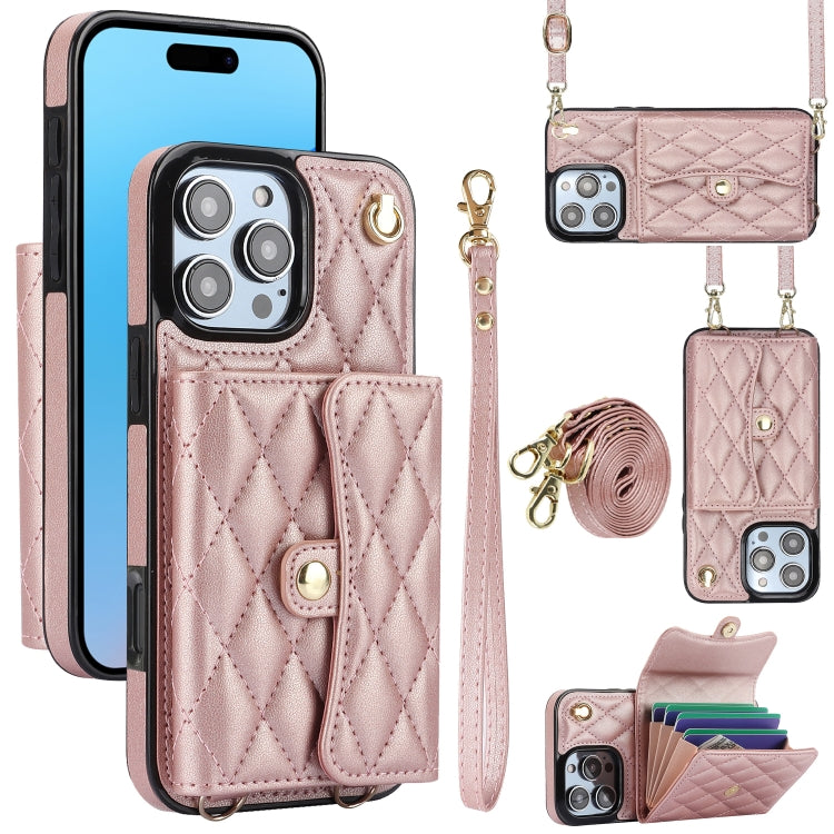 For iPhone 16 Pro Max Crossbody Rhombic Horizontal Wallet Leather Phone Case(Rose Gold) - iPhone 16 Pro Max Cases by buy2fix | Online Shopping UK | buy2fix