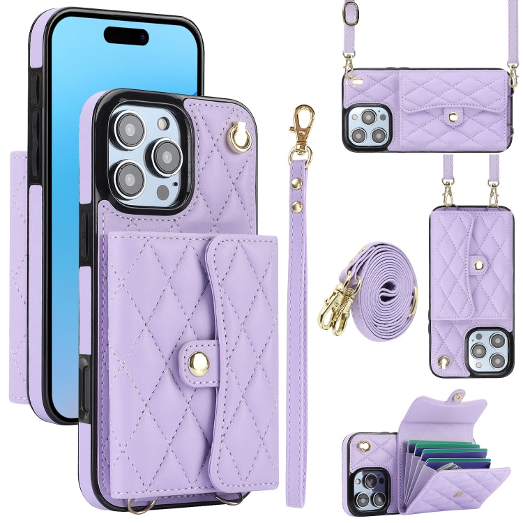 For iPhone 16 Pro Max Crossbody Rhombic Horizontal Wallet Leather Phone Case(Purple) - iPhone 16 Pro Max Cases by buy2fix | Online Shopping UK | buy2fix