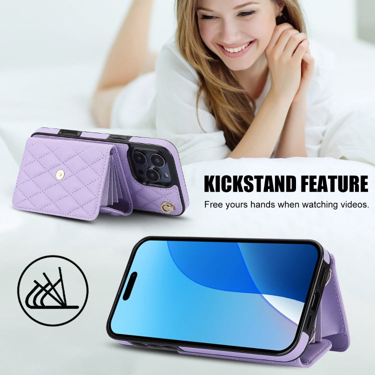 For iPhone 16 Pro Max Crossbody Rhombic Horizontal Wallet Leather Phone Case(Purple) - iPhone 16 Pro Max Cases by buy2fix | Online Shopping UK | buy2fix