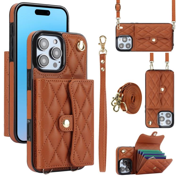 For iPhone 16 Pro Max Crossbody Rhombic Horizontal Wallet Leather Phone Case(Brown) - iPhone 16 Pro Max Cases by buy2fix | Online Shopping UK | buy2fix