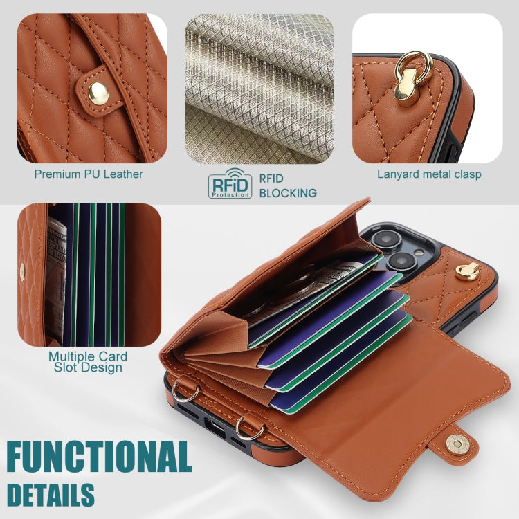 For iPhone 16 Pro Max Crossbody Rhombic Horizontal Wallet Leather Phone Case(Brown) - iPhone 16 Pro Max Cases by buy2fix | Online Shopping UK | buy2fix