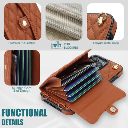 For iPhone 16 Pro Max Crossbody Rhombic Horizontal Wallet Leather Phone Case(Brown) - iPhone 16 Pro Max Cases by buy2fix | Online Shopping UK | buy2fix