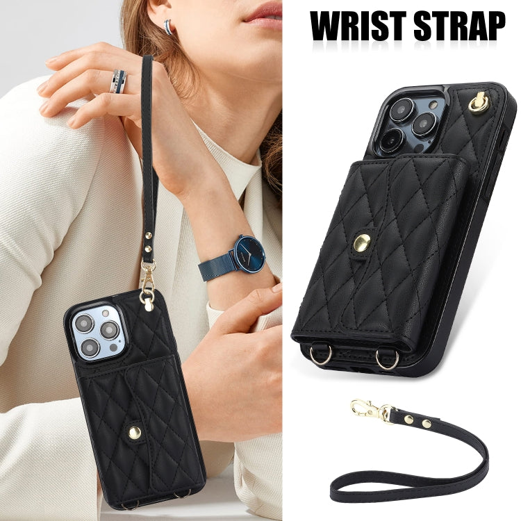 For iPhone 16 Pro Crossbody Rhombic Horizontal Wallet Leather Phone Case(Black) - iPhone 16 Pro Cases by buy2fix | Online Shopping UK | buy2fix