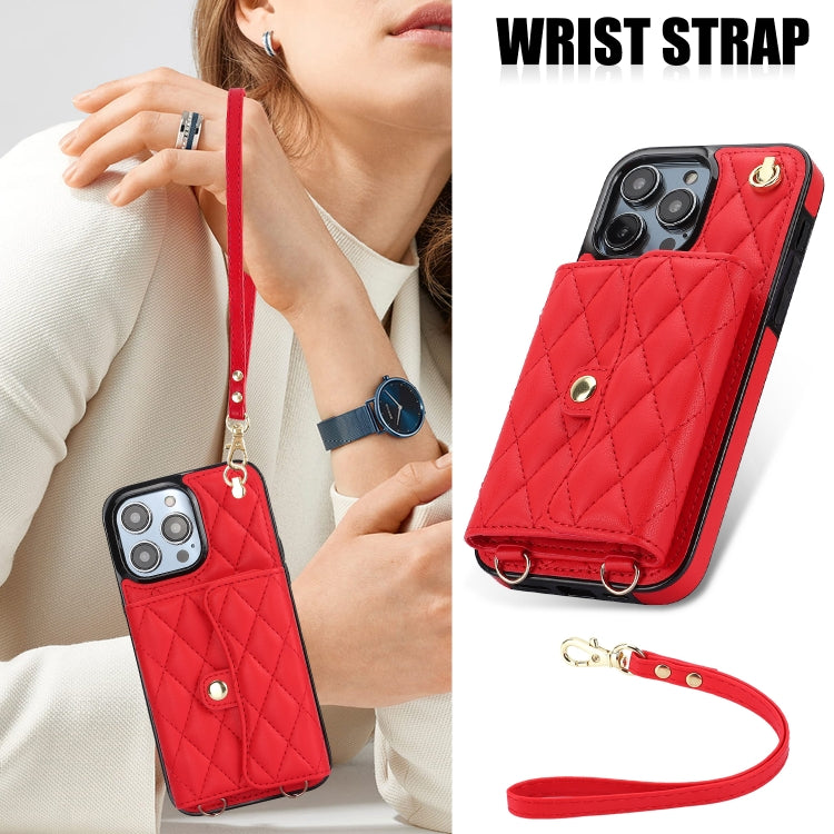 For iPhone 16 Pro Crossbody Rhombic Horizontal Wallet Leather Phone Case(Red) - iPhone 16 Pro Cases by buy2fix | Online Shopping UK | buy2fix
