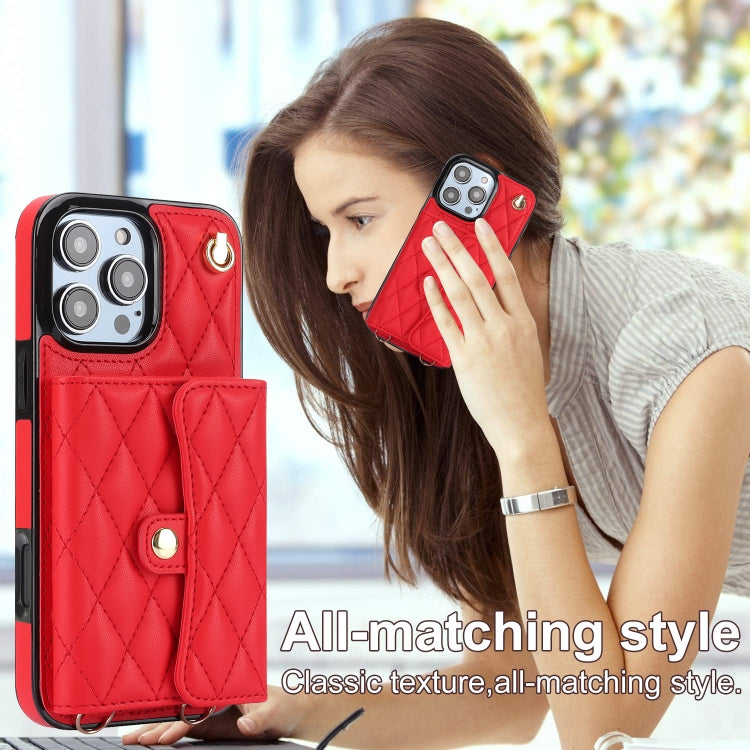 For iPhone 16 Pro Crossbody Rhombic Horizontal Wallet Leather Phone Case(Red) - iPhone 16 Pro Cases by buy2fix | Online Shopping UK | buy2fix