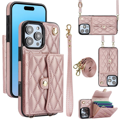 For iPhone 16 Pro Crossbody Rhombic Horizontal Wallet Leather Phone Case(Rose Gold) - iPhone 16 Pro Cases by buy2fix | Online Shopping UK | buy2fix