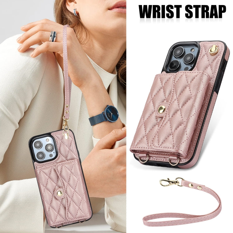 For iPhone 16 Pro Crossbody Rhombic Horizontal Wallet Leather Phone Case(Rose Gold) - iPhone 16 Pro Cases by buy2fix | Online Shopping UK | buy2fix
