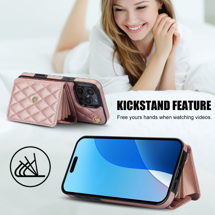 For iPhone 16 Pro Crossbody Rhombic Horizontal Wallet Leather Phone Case(Rose Gold) - iPhone 16 Pro Cases by buy2fix | Online Shopping UK | buy2fix