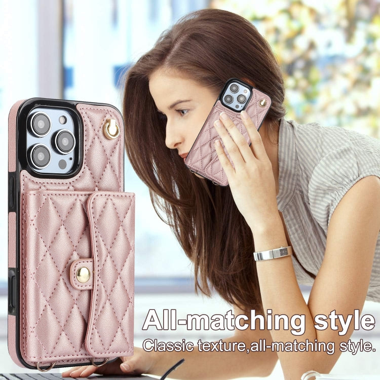 For iPhone 16 Pro Crossbody Rhombic Horizontal Wallet Leather Phone Case(Rose Gold) - iPhone 16 Pro Cases by buy2fix | Online Shopping UK | buy2fix