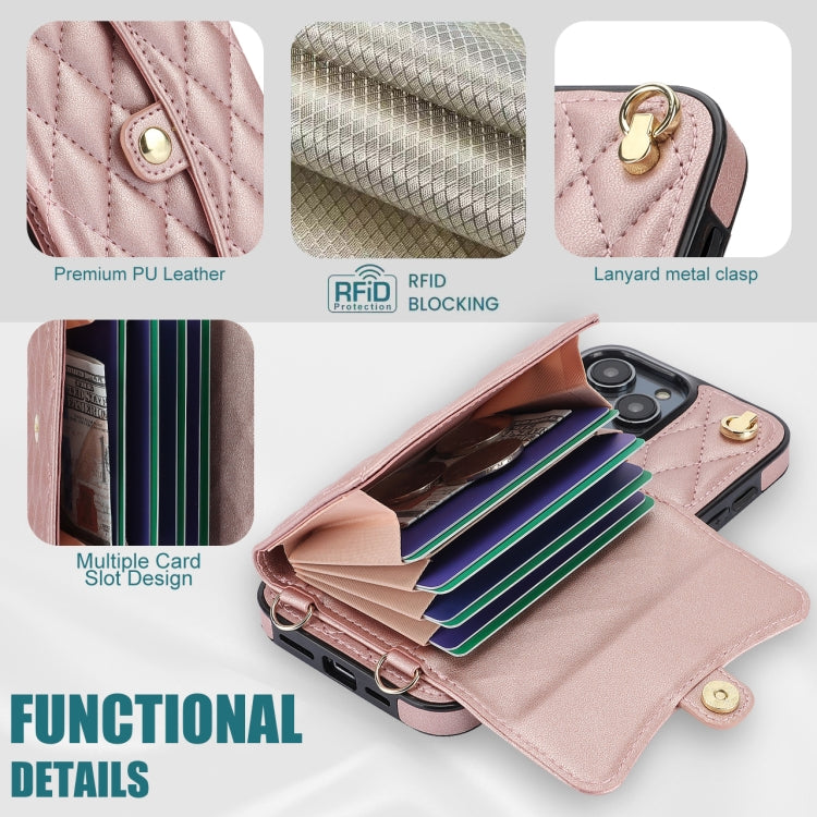 For iPhone 16 Pro Crossbody Rhombic Horizontal Wallet Leather Phone Case(Rose Gold) - iPhone 16 Pro Cases by buy2fix | Online Shopping UK | buy2fix