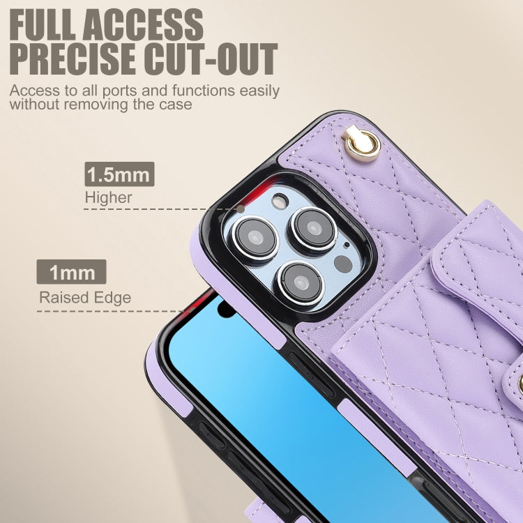 For iPhone 16 Pro Crossbody Rhombic Horizontal Wallet Leather Phone Case(Purple) - iPhone 16 Pro Cases by buy2fix | Online Shopping UK | buy2fix