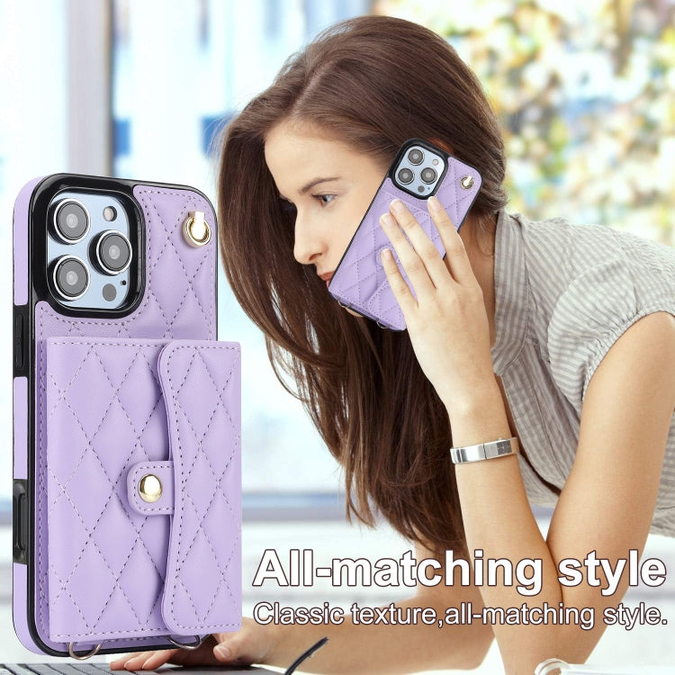 For iPhone 16 Pro Crossbody Rhombic Horizontal Wallet Leather Phone Case(Purple) - iPhone 16 Pro Cases by buy2fix | Online Shopping UK | buy2fix