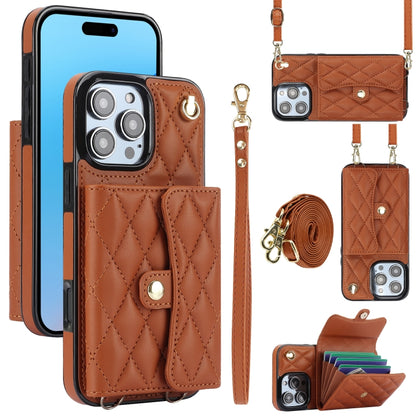 For iPhone 16 Pro Crossbody Rhombic Horizontal Wallet Leather Phone Case(Brown) - iPhone 16 Pro Cases by buy2fix | Online Shopping UK | buy2fix