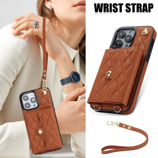 For iPhone 16 Pro Crossbody Rhombic Horizontal Wallet Leather Phone Case(Brown) - iPhone 16 Pro Cases by buy2fix | Online Shopping UK | buy2fix