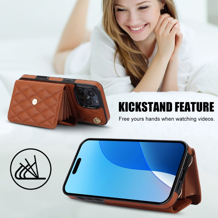 For iPhone 16 Pro Crossbody Rhombic Horizontal Wallet Leather Phone Case(Brown) - iPhone 16 Pro Cases by buy2fix | Online Shopping UK | buy2fix
