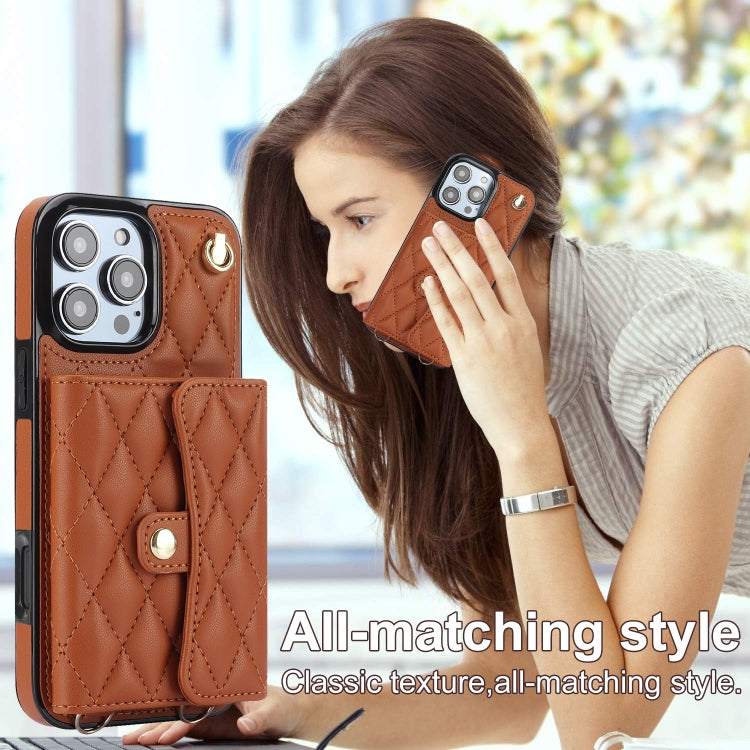 For iPhone 16 Pro Crossbody Rhombic Horizontal Wallet Leather Phone Case(Brown) - iPhone 16 Pro Cases by buy2fix | Online Shopping UK | buy2fix