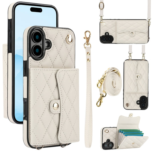 For iPhone 16 Plus Crossbody Rhombic Horizontal Wallet Leather Phone Case(White) - iPhone 16 Plus Cases by buy2fix | Online Shopping UK | buy2fix