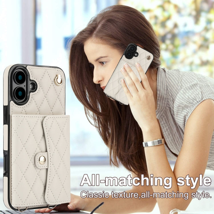 For iPhone 16 Plus Crossbody Rhombic Horizontal Wallet Leather Phone Case(White) - iPhone 16 Plus Cases by buy2fix | Online Shopping UK | buy2fix
