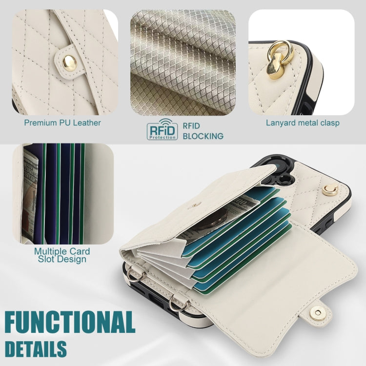 For iPhone 16 Plus Crossbody Rhombic Horizontal Wallet Leather Phone Case(White) - iPhone 16 Plus Cases by buy2fix | Online Shopping UK | buy2fix
