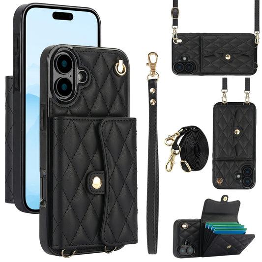 For iPhone 16 Plus Crossbody Rhombic Horizontal Wallet Leather Phone Case(Black) - iPhone 16 Plus Cases by buy2fix | Online Shopping UK | buy2fix