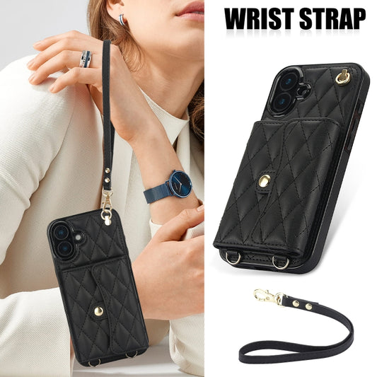 For iPhone 16 Plus Crossbody Rhombic Horizontal Wallet Leather Phone Case(Black) - iPhone 16 Plus Cases by buy2fix | Online Shopping UK | buy2fix