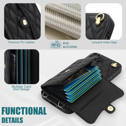 For iPhone 16 Plus Crossbody Rhombic Horizontal Wallet Leather Phone Case(Black) - iPhone 16 Plus Cases by buy2fix | Online Shopping UK | buy2fix