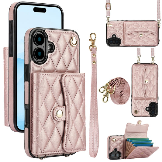 For iPhone 16 Plus Crossbody Rhombic Horizontal Wallet Leather Phone Case(Rose Gold) - iPhone 16 Plus Cases by buy2fix | Online Shopping UK | buy2fix