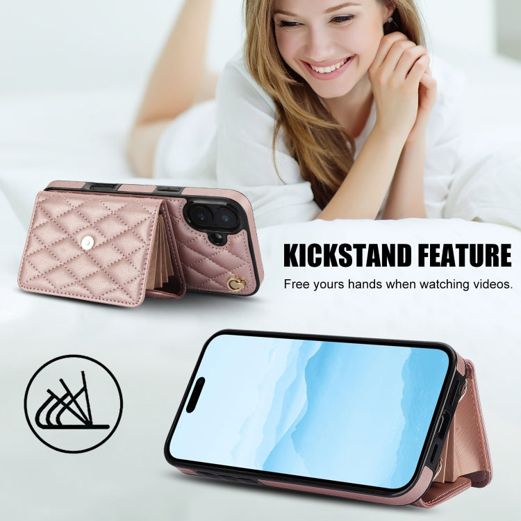 For iPhone 16 Plus Crossbody Rhombic Horizontal Wallet Leather Phone Case(Rose Gold) - iPhone 16 Plus Cases by buy2fix | Online Shopping UK | buy2fix
