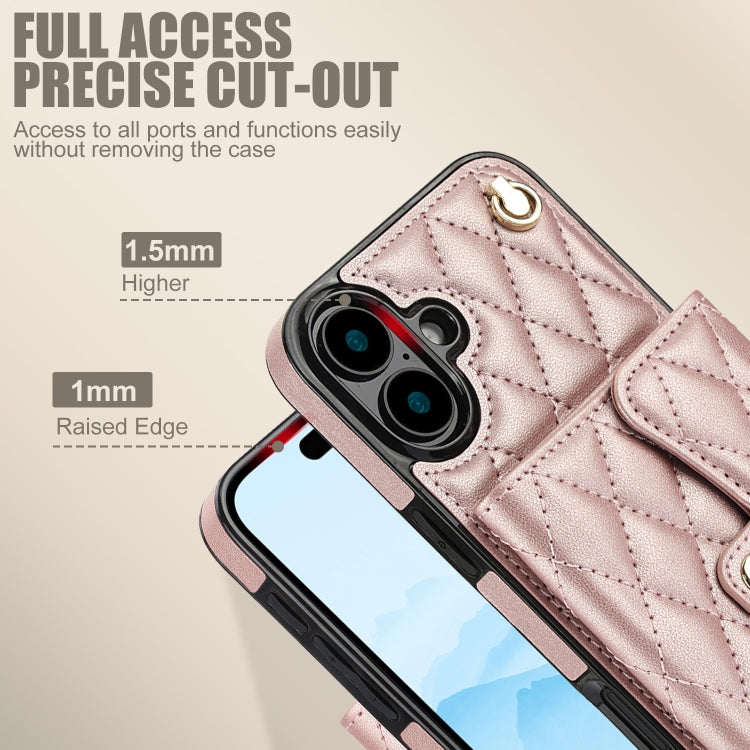 For iPhone 16 Plus Crossbody Rhombic Horizontal Wallet Leather Phone Case(Rose Gold) - iPhone 16 Plus Cases by buy2fix | Online Shopping UK | buy2fix