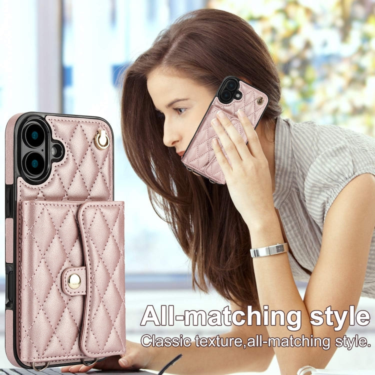 For iPhone 16 Plus Crossbody Rhombic Horizontal Wallet Leather Phone Case(Rose Gold) - iPhone 16 Plus Cases by buy2fix | Online Shopping UK | buy2fix
