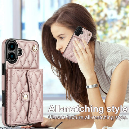 For iPhone 16 Plus Crossbody Rhombic Horizontal Wallet Leather Phone Case(Rose Gold) - iPhone 16 Plus Cases by buy2fix | Online Shopping UK | buy2fix
