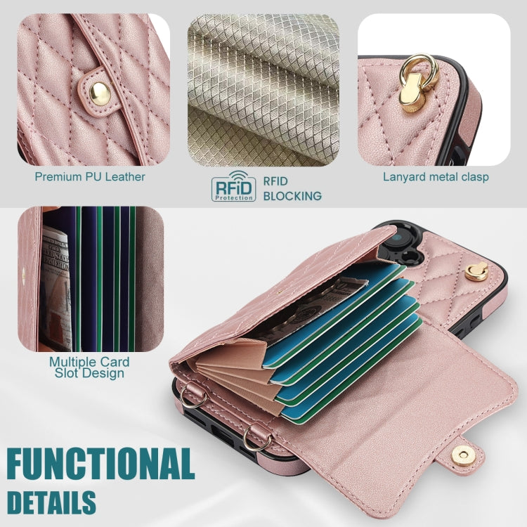 For iPhone 16 Plus Crossbody Rhombic Horizontal Wallet Leather Phone Case(Rose Gold) - iPhone 16 Plus Cases by buy2fix | Online Shopping UK | buy2fix